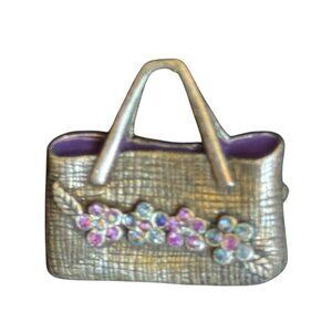 Vintage Handbag Pin Brooch With Floral Rhinestone Accents & Purple Enamel Detail